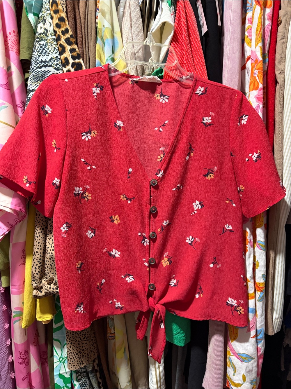 Pink Rose Red Floral Tie-Front Button Blouse